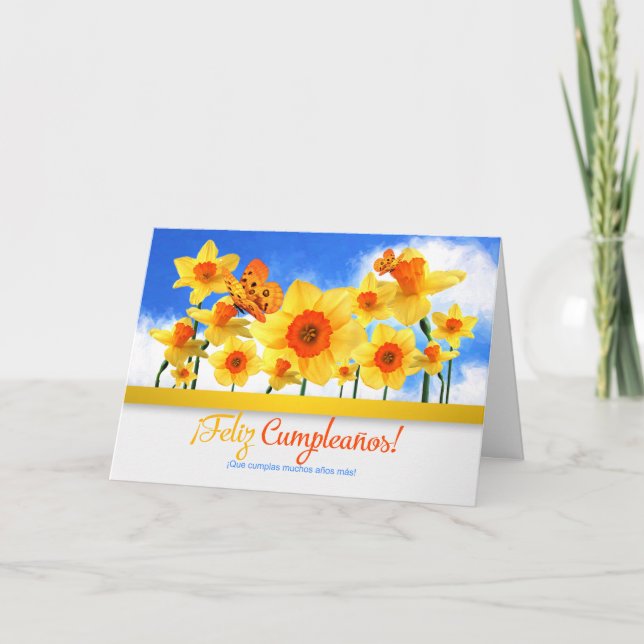 Spanish Birthday Daffodil Garden and Butterflies Card (Front)