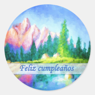 Spanish Birthday Pink Mountain Round Sticker