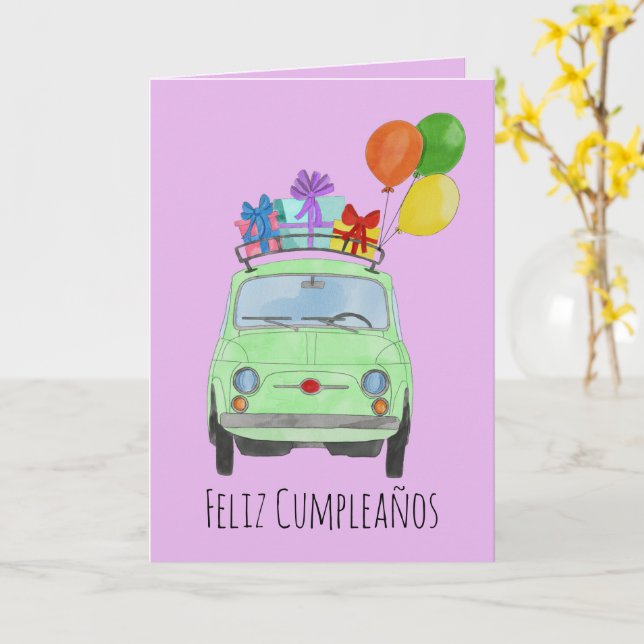 Spanish Birthday Retro Fiat 500 Card (Yellow Flower)