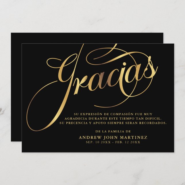 Spanish Black  & Gold Calligraphy Funeral  Thank You Card (Front/Back)