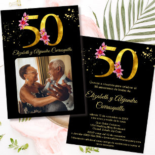 Spanish Black Gold Photo Floral 50th Anniversary Invitation