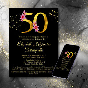 Spanish Black Gold Pink Floral 50th Anniversary Invitation