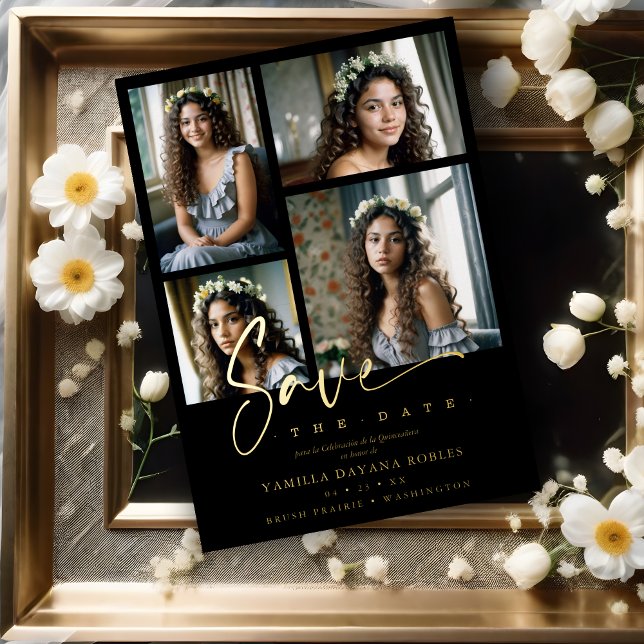 Spanish Black Trendy Quinceañera Collage 4 Photos (Spanish Black Trendy Quinceañera Collage 4 Photos Metallic Foil Save the Date Card. )