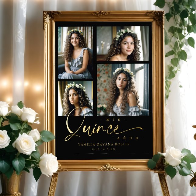 Spanish Black Trendy Quinceañera Collage 4 Photos Foil Prints (Spanish Black Trendy Quinceañera Collage 4 Photos Foil Prints. )