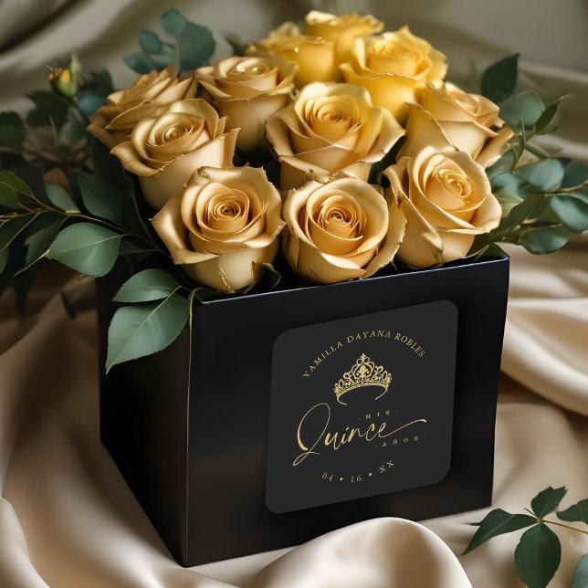 Spanish Black Trendy Quinceañera Princess Tiara Square Sticker (Spanish Black Trendy Quinceañera Faux Golden Princess Crown Tiara Square Stickers.)
