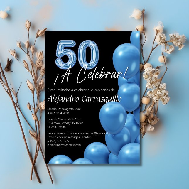 Spanish Blue Balloons Black Fun 50th Birthday Invitation (Creator Uploaded)