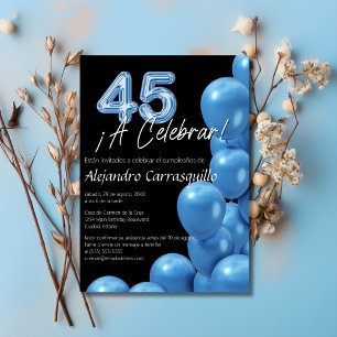 Spanish Blue Balloons on Black  45th Birthday Invitation