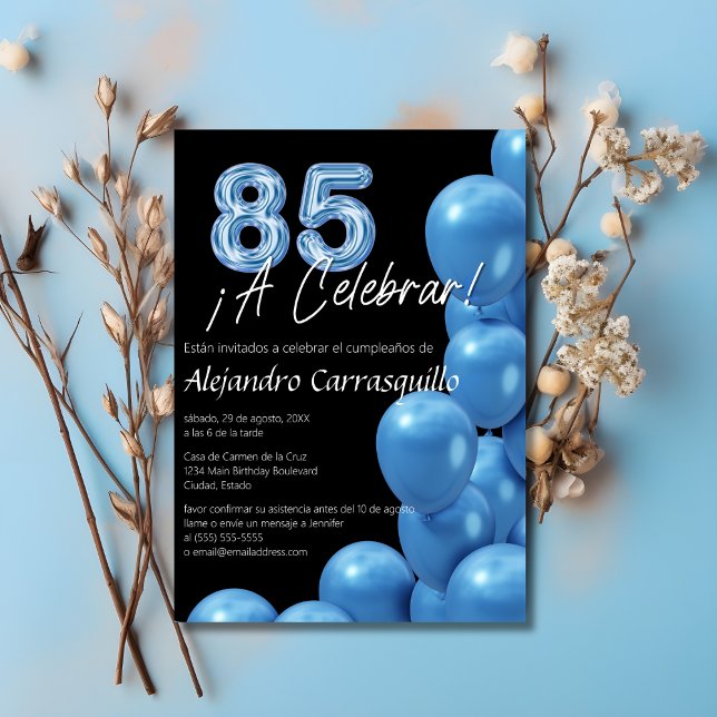 Spanish Blue Balloons Sleek Black 85th Birthday Invitation (Creator Uploaded)