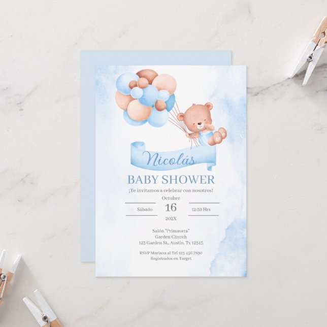 Spanish Blue Bear  Baby Shower Invitation (Front/Back In Situ)