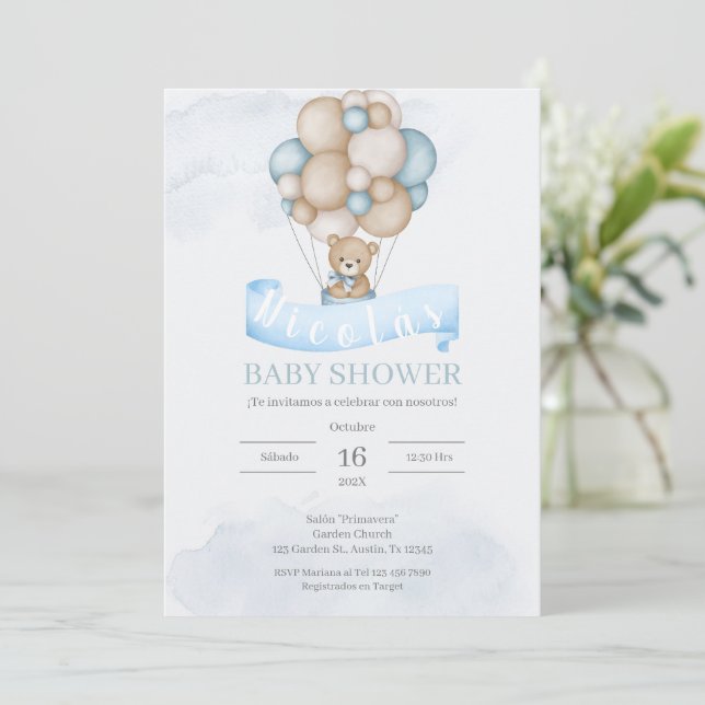 Spanish Blue Bear  Baby Shower Invitation (Standing Front)