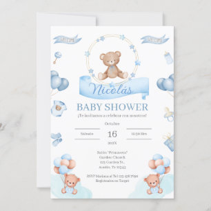 Spanish Blue Bear Baby Shower Invitation