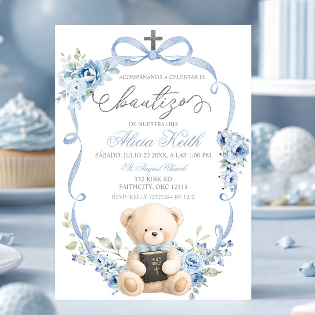 Spanish Blue Bear Baptism Bow Coquette Invitation (Creator Uploaded)