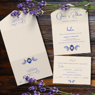 Spanish, Blue Champagne Heart Mexican Wedding All In One Invitation