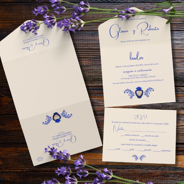 Spanish, Blue Champagne Heart Mexican Wedding All In One Invitation (Creator Uploaded)