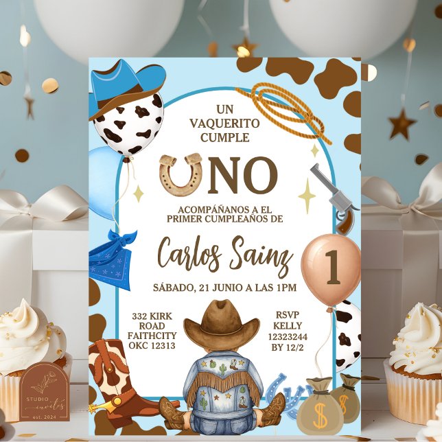  Spanish Blue Cowboy Boy First Birthday Invitation (Creator Uploaded)