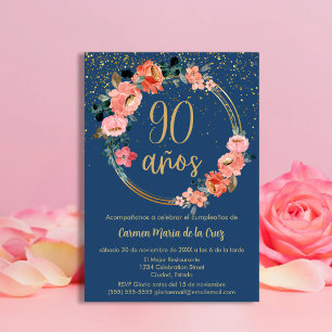 Spanish Blue Elegant Floral 90th Birthday Party Invitation