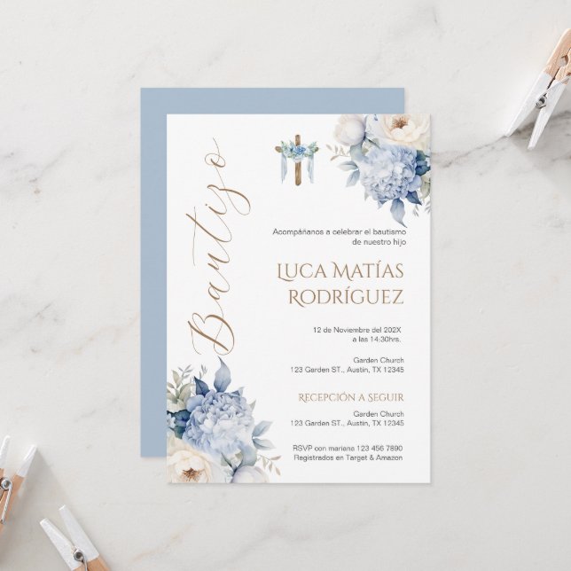 Spanish Blue Floral Boy Baptism Invitation (Front/Back In Situ)