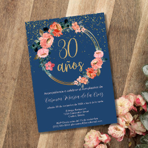 Spanish Blue Gold Chic Floral 30th Birthday Party Invitation
