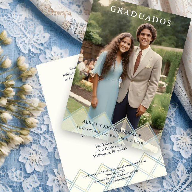 Spanish Blue Shades Overlay Vellum Shapes Photo  Invitation (Spanish Blue Shades Overlay Transparency Shapes Photo Graduates Invitation Card with Envelope.)