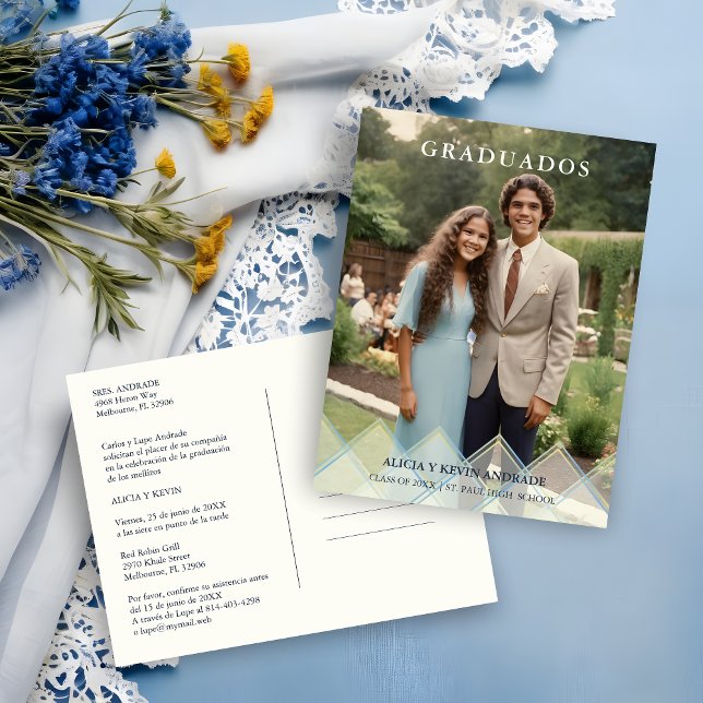 Spanish Blue Shades Overlay Vellum Shapes Photo Postcard (Spanish Blue Shades Overlay Transparency Shapes Photo Graduates Postcard Invitation.)