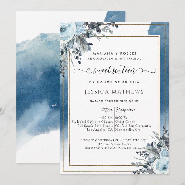 Spanish Blue Sweet Sixteen Watercolor with Floral Invitation (Front/Back)