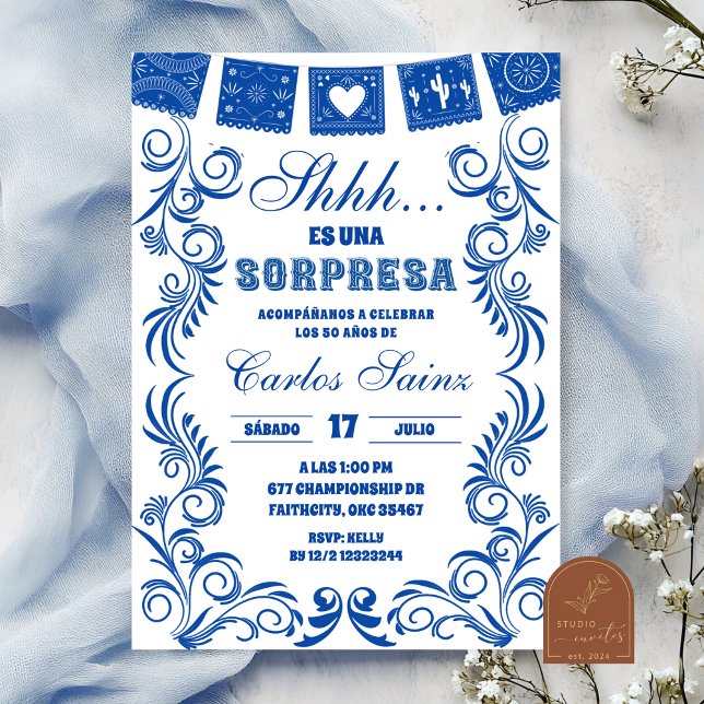Spanish Blue Talavera SORPRESA Birthday Fiesta Invitation (Creator Uploaded)