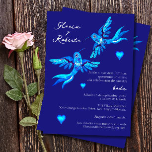 Spanish Blue Watercolor Birds Mexican Wedding Invitation