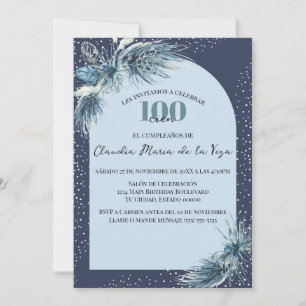 Spanish Blue Winter Florals 100th Birthday Party  Invitation
