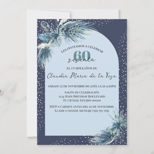 Spanish Blue Winter Florals 60th Birthday Party  Invitation (Front)