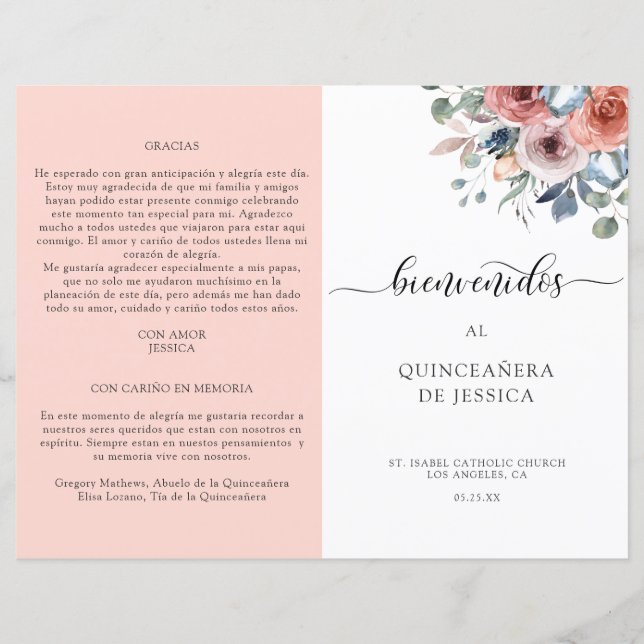 Spanish, Blush and Blue Floral Quinceanera Program (Front)
