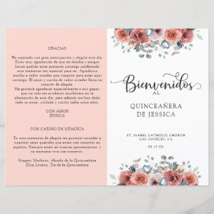 Spanish, Blush and Blue Floral Quinceanera Program