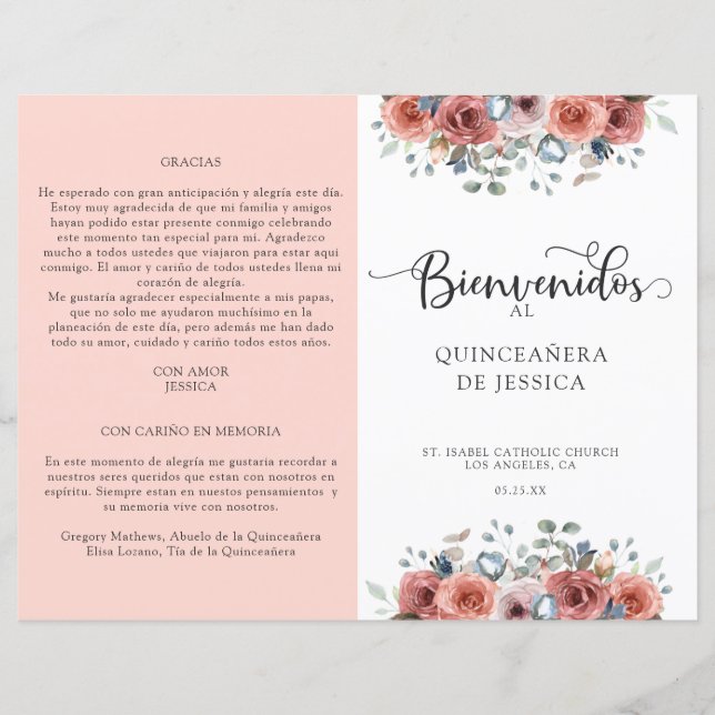 Spanish, Blush and Blue Floral Quinceanera Program (Front)