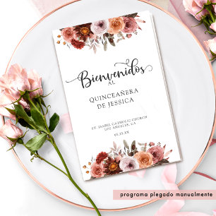 Spanish Blush Burgundy Floral Quinceanera Program
