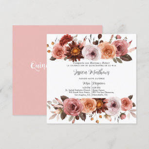 Spanish,Blush Pink and Burgundy Floral Quinceañera Invitation