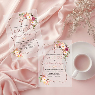 Spanish Blush Pink Con Flores Rose Gold Bautizo Acrylic Invitations