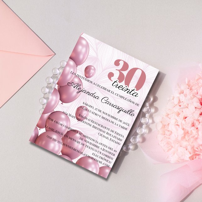Spanish Blush Pink Floral Balloons 30th Birthday Invitation (Creator Uploaded)