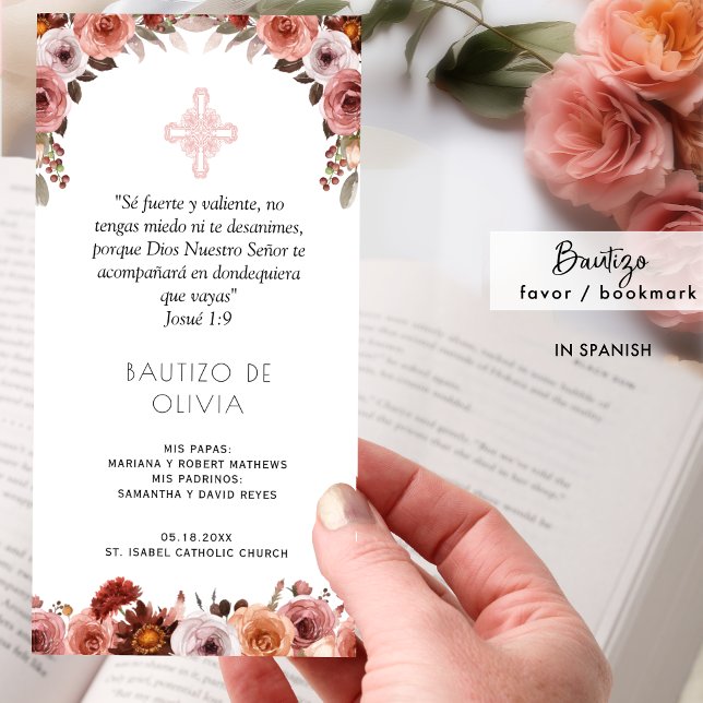 Spanish, Blush Pink Floral Baptism Bookmark Favour Thank You Card (Creator Uploaded)
