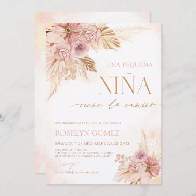 Spanish Boho Baby Shower Invite Pampas Grass Theme (Front/Back)