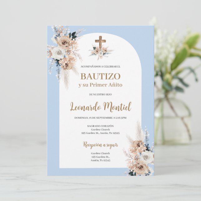 Spanish Boho Baptism Floral Invitation (Standing Front)