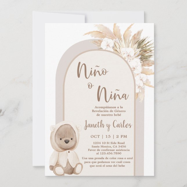 Spanish Boho Bear He or She Gender Reveal Invitation (Front)