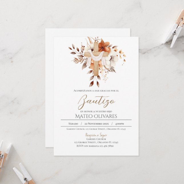 Spanish Boho Floral Baptism invitation (Front/Back In Situ)