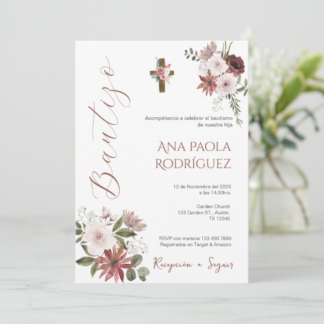 Spanish Boho Floral Girl Baptism Invitation (Standing Front)