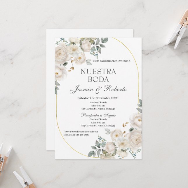 Spanish Boho Floral Wedding Invitation (Front/Back In Situ)