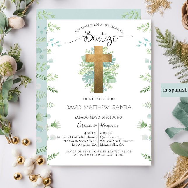 Spanish, Boy or Girl Greenery Blue Mint Baptism Invitation (Creator Uploaded)