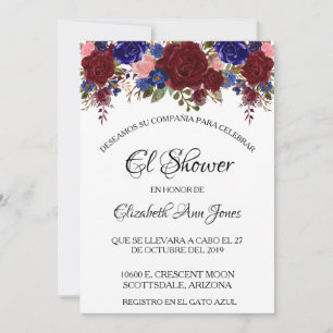 Spanish Bridal Shower Navy Burgundy Floral Invitation