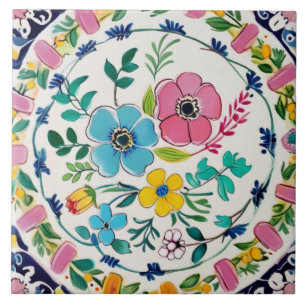 Spanish Bright Colourful Floral Pink & Blue Flower Ceramic Tile