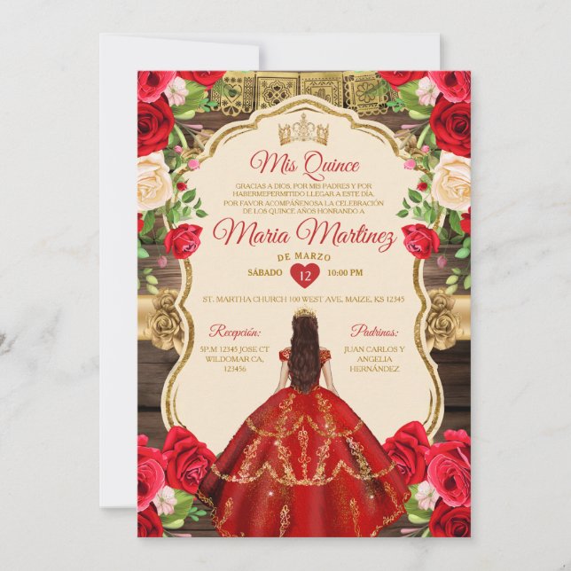 Spanish Bright Red Floral Rustic Wood Quiñceanera Invitation (Front)