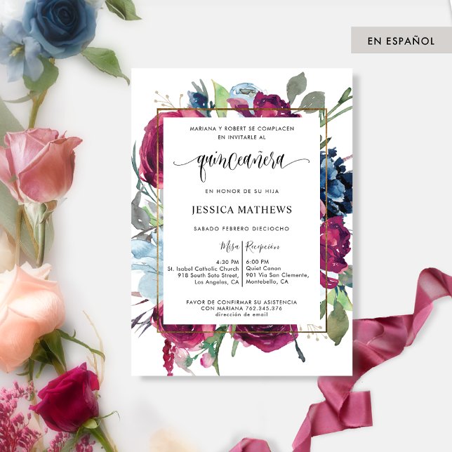 Spanish Burgundy, Blue Floral Quinceañera Invitation (Creator Uploaded)