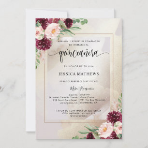 Spanish, Burgundy, Blush and Champagne Quinceañera Invitation