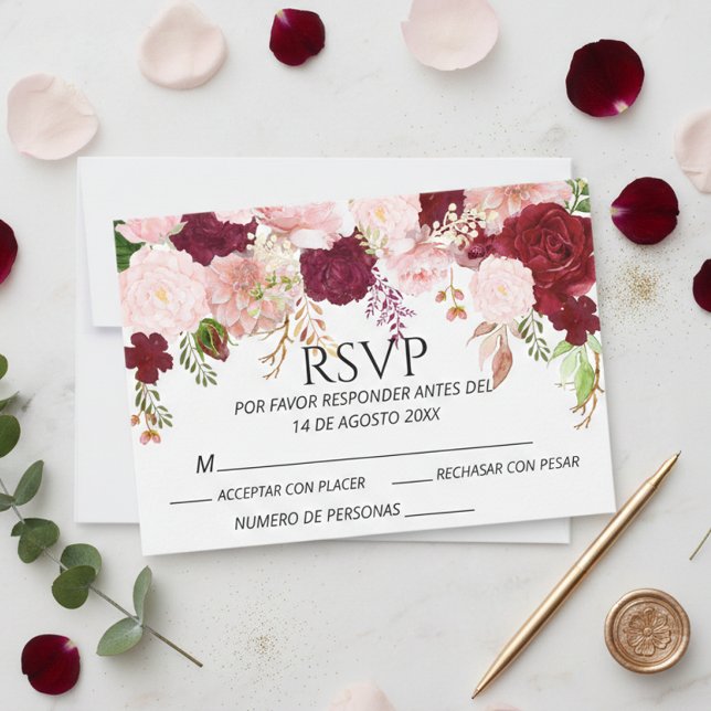 Spanish Burgundy Blush Pink Floral RSVP wedding  Card (Creator Uploaded)